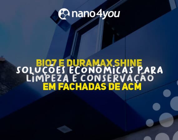 Fachada moderna revestida com placas de ACM na cor azul, com destaque para a marca Nano4you e a mensagem "Bio7 e Duramax Shine: soluções econômicas para limpeza e conservação em fachadas de ACM", reforçando a aplicação dos produtos em arquitetura e construção civil.