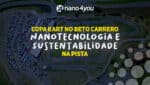 Vista aérea do kartódromo no Beto Carrero, com pista sinuosa cercada por vegetação e carros estacionados ao lado. Sobre a imagem, está o logotipo da Nano4you e a frase “Copa Kart no Beto Carrero – Nanotecnologia e Sustentabilidade na Pista” em destaque.