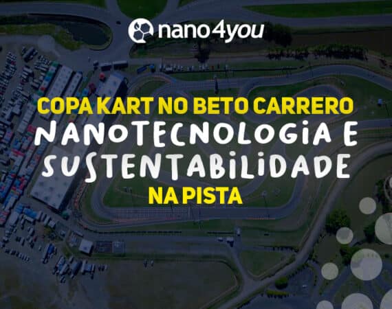 Vista aérea do kartódromo no Beto Carrero, com pista sinuosa cercada por vegetação e carros estacionados ao lado. Sobre a imagem, está o logotipo da Nano4you e a frase “Copa Kart no Beto Carrero – Nanotecnologia e Sustentabilidade na Pista” em destaque.