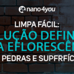 Banner promocional da nano4you destacando o produto Limpa Fácil como solução definitiva para eflorescência em pedras e superfícies, com fundo de parede de tijolos e elementos geométricos translúcidos.