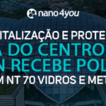 Banner institucional da nano4you com o texto “Revitalização e proteção. Cúpula do Centro Albert Einstein recebe polimento com NT70 Vidros e Metais”, sobre imagem aérea da estrutura envidraçada do Centro Albert Einstein.