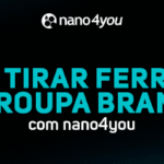 Banner informativo da nano4you com o texto “Como tirar ferrugem de roupa branca com nano4you”, sobre fundo escuro com elementos geométricos e detalhes em azul.