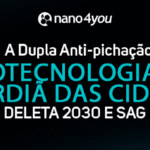 Banner institucional da nano4you com o texto “A dupla anti-pichação. A nanotecnologia como guardiã das cidades, Deleta 2030 e SAG”, em fundo escuro com detalhe geométrico e efeito de luz azul.