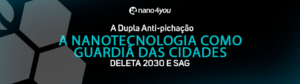 Imagem com fundo escuro, logo da marca Nano4you no topo e destaque para a frase "A nanotecnologia como guardiã das cidades". Em letras brancas e azuis, a imagem apresenta os produtos Deleta 2030 e SAG como solução anti-pichação. O fundo inclui formas geométricas que remetem à ideia de proteção e tecnologia.