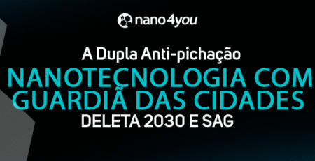 Banner institucional da nano4you com o texto “A dupla anti-pichação. A nanotecnologia como guardiã das cidades, Deleta 2030 e SAG”, em fundo escuro com detalhe geométrico e efeito de luz azul.