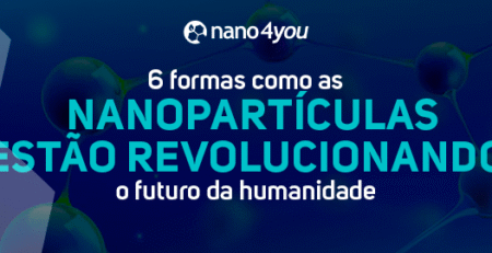 Banner da nano4you com o título “6 formas como as nanopartículas estão revolucionando o futuro da humanidade”, ilustrado com moléculas em fundo azul tecnológico.