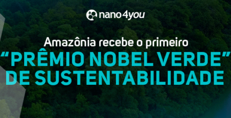 Vista aérea da Floresta Amazônica e rio ao fundo com destaque para o título sobre o Prêmio Nobel Verde.