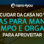 Banner com o logotipo da nano4you e o texto “Como cuidar da casa no verão – Dicas para manter tudo limpo e organizado para aproveitar” sobre imagem de guarda-sol.