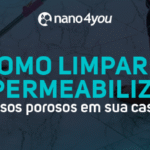 Pessoa limpando piso poroso com rodo e pano, acompanhada do título “Como limpar e impermeabilizar pisos porosos em sua casa” da nano4you.