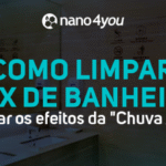 Banner da nano4you com o texto “Como limpar box de banheiro e limpar os efeitos da chuva ácida”, sobre imagem de banheiro moderno com divisórias de vidro.