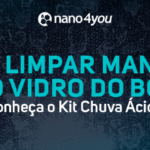 Vidro de box com manchas de água e calcificação, acompanhado do título “Como limpar manchas no vidro do box – conheça o Kit Chuva Ácida” da nano4you.