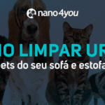 Filhote de cachorro sentado no chão ao lado de uma poça de urina com a pergunta em destaque: "Como limpar urina de pet do meu sofá?", sobre fundo escuro com o logo da nano4you.