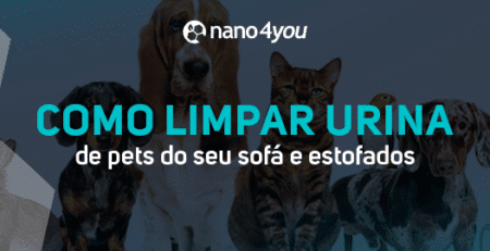 Filhote de cachorro sentado no chão ao lado de uma poça de urina com a pergunta em destaque: "Como limpar urina de pet do meu sofá?", sobre fundo escuro com o logo da nano4you.