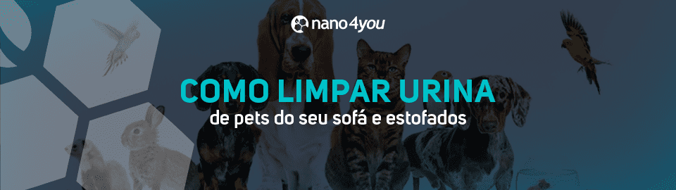 Filhote de cachorro sentado no chão ao lado de uma poça de urina com a pergunta em destaque: "Como limpar urina de pet do meu sofá?", sobre fundo escuro com o logo da nano4you.