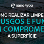 Banner com o logotipo da nano4you e o texto “Como realizar limpeza de musgos e fungos sem comprometer a superfície” sobre uma imagem de piso com musgo.