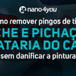Banner da nano4you com o texto “Como remover pingos de tinta, piche e pichação da lataria do carro sem danificar a pintura”, sobre fundo automotivo com textura metálica e elementos hexagonais.