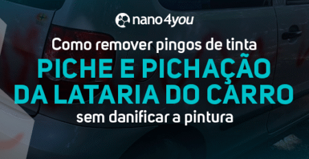 Banner da nano4you com o texto “Como remover pingos de tinta, piche e pichação da lataria do carro sem danificar a pintura”, sobre fundo automotivo com textura metálica e elementos hexagonais.