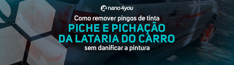 Banner da nano4you com o texto “Como remover pingos de tinta, piche e pichação da lataria do carro sem danificar a pintura”, sobre fundo automotivo com textura metálica e elementos hexagonais.