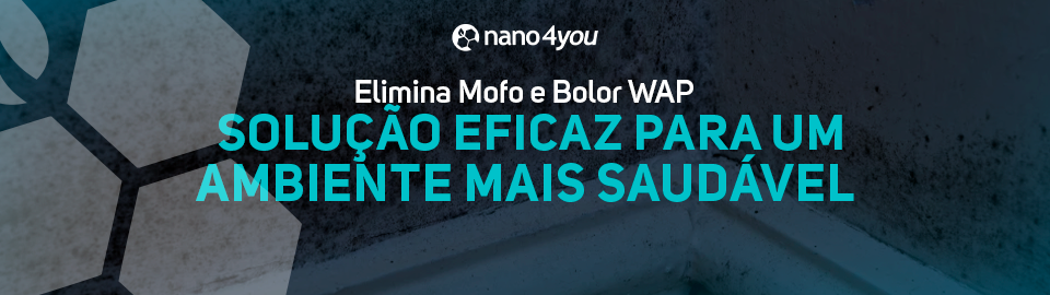 Aplicação do Elimina Mofo e Bolor WAP em parede com fungos, destacando a limpeza e proteção com nanotecnologia.
