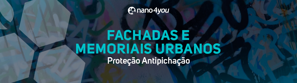 Banner da nano4you com o texto “Fachadas e memoriais urbanos: proteção antipichação”, sobre fundo com parede pichada colorida.