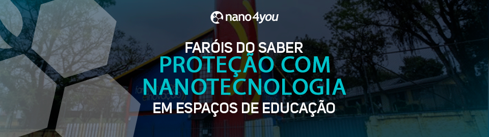 Banner com o logotipo da nano4you e o texto “Faróis do Saber – Proteção com nanotecnologia em espaços de educação” sobre imagem de uma escola colorida.
