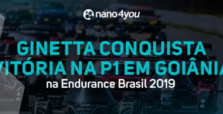 Carros de corrida na pista durante a Endurance Brasil 2019, com destaque para a vitória da equipe Ginetta na categoria P1.