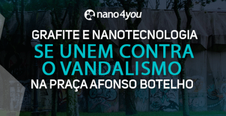 Banner institucional da nano4you com a frase “Grafite e nanotecnologia se unem contra o vandalismo na Praça Afonso Botelho”, sobre imagem da praça com muros grafitados ao fundo.