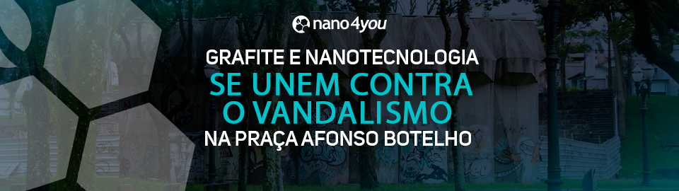 Banner institucional da nano4you com a frase “Grafite e nanotecnologia se unem contra o vandalismo na Praça Afonso Botelho”, sobre imagem da praça com muros grafitados ao fundo.