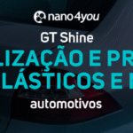 Banner da nano4you com o texto “GT Shine — revitalização e proteção para plásticos e metais automotivos”, sobre fundo de veículo prata com brilho acentuado e textura hexagonal representando nanotecnologia.