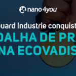Banner da nano4you com a frase “Guard Industrie conquista medalha de prata na EcoVadis”, destacando reconhecimento internacional em sustentabilidade.