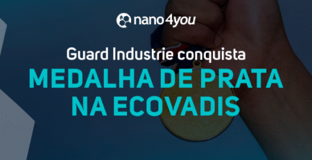 Banner da nano4you com a frase “Guard Industrie conquista medalha de prata na EcoVadis”, destacando reconhecimento internacional em sustentabilidade.
