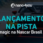 Carros de corrida com o título “Lançamento na Pista: Espumagic na Nascar Brasil 2025”.