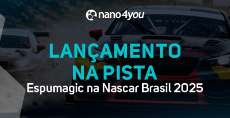 Carros de corrida com o título “Lançamento na Pista: Espumagic na Nascar Brasil 2025”.
