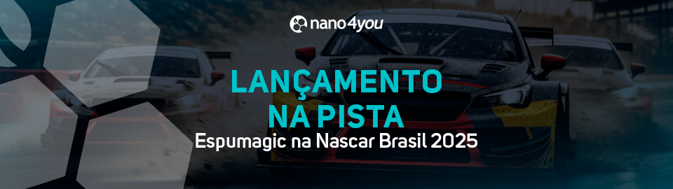 Carros de corrida com o título “Lançamento na Pista: Espumagic na Nascar Brasil 2025”.
