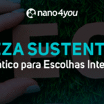 Banner com o título “Limpeza Sustentáveis: Guia Prático para Escolhas Inteligentes” e o logotipo da nano4you sobre fundo de grama verde e letras formando a palavra “ECO”.