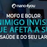Banner com o logotipo da nano4you e o texto “Mofo e bolor, o inimigo invisível que afeta a sua saúde e do seu lar” sobre imagem de produto de limpeza.