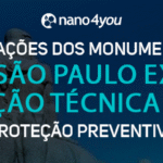 Banner da nano4you com o título “Pichações dos monumentos em São Paulo exige ação técnica e proteção preventiva”, exibindo o Monumento às Bandeiras ao fundo.