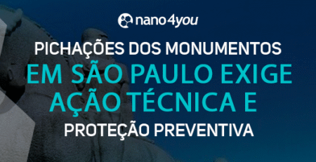 Banner da nano4you com o título “Pichações dos monumentos em São Paulo exige ação técnica e proteção preventiva”, exibindo o Monumento às Bandeiras ao fundo.