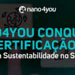 Blocos com ícones de sustentabilidade e energia renovável com o título “nano4you conquista certificação B”.