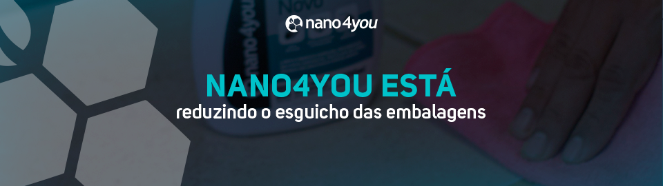 Banner com o texto “nano4you está reduzindo o esguicho das embalagens” sobre fundo azul.