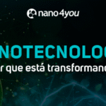 Folha em detalhe com partículas microscópicas ilustrando nanotecnologia, acompanhada do título “Nanotecnologia",o que é e por que está transformando o mundo?” da nano4you.