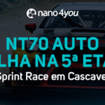 Carros de corrida na pista durante chuva com o logotipo da nano4you e destaque para o NT70 AUTO na 5ª etapa da Sprint Race em Cascavel.