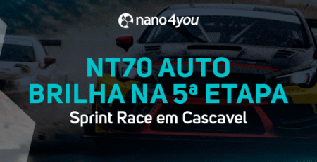 Carros de corrida na pista durante chuva com o logotipo da nano4you e destaque para o NT70 AUTO na 5ª etapa da Sprint Race em Cascavel.