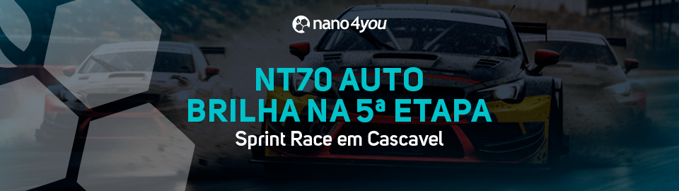 Carros de corrida na pista durante chuva com o logotipo da nano4you e destaque para o NT70 AUTO na 5ª etapa da Sprint Race em Cascavel.