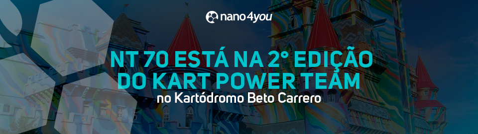 Banner institucional da nano4you com o título “NT 70 está na 2ª edição do Kart Power Team no Kartódromo Beto Carrero”, sobreposto à imagem colorida do castelo do parque Beto Carrero World.