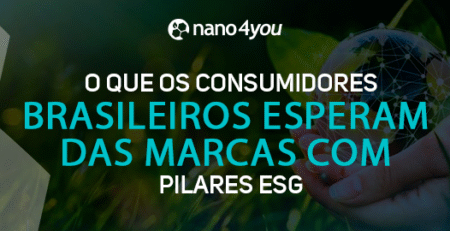 Banner com o logotipo da nano4you e o texto “O que os consumidores brasileiros esperam das marcas com pilares ESG” sobre imagem de mãos segurando um globo sustentável.