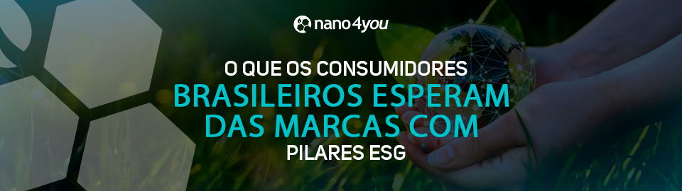 Banner com o logotipo da nano4you e o texto “O que os consumidores brasileiros esperam das marcas com pilares ESG” sobre imagem de mãos segurando um globo sustentável.