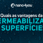 Banner institucional da nano4you com fundo azul escuro e gotas d’água destacando o tema “Quais as vantagens da impermeabilização de superfícies?”.