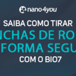 Banner institucional da nano4you com o texto “Saiba como tirar manchas de roupa de forma segura com o Bio7”, exibindo uma roupa manchada em fundo escuro com elementos geométricos translúcidos.