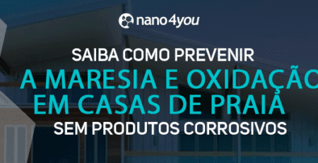 Banner da nano4you com o título “Saiba como prevenir a maresia e oxidação em casas de praia sem produtos corrosivos”, mostrando uma casa moderna litorânea sob céu azul.
